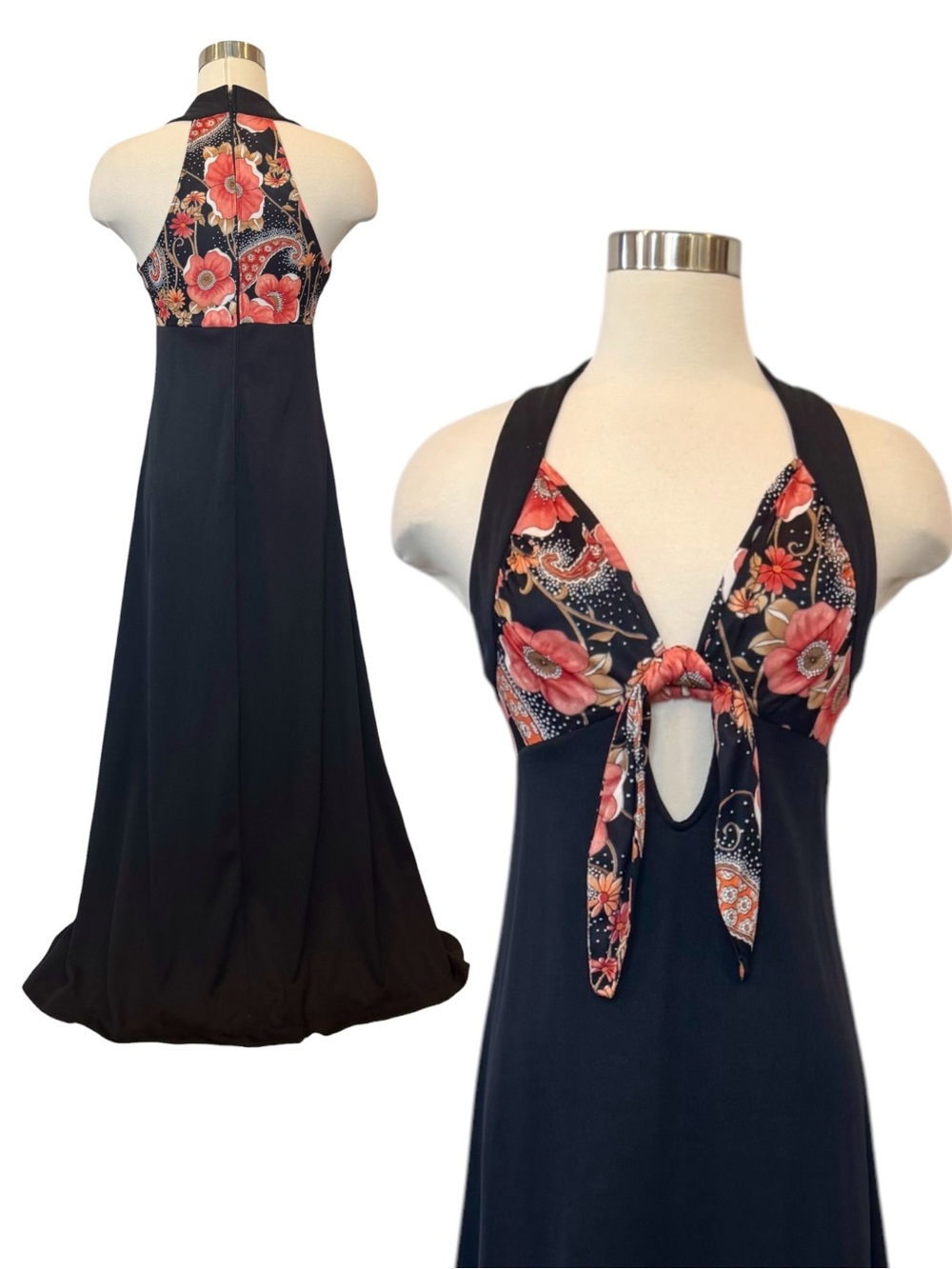 Vintage 70s Groovy JCPenney Keyhole Dark Wildflower Paisley Halter Maxi Gown 11
